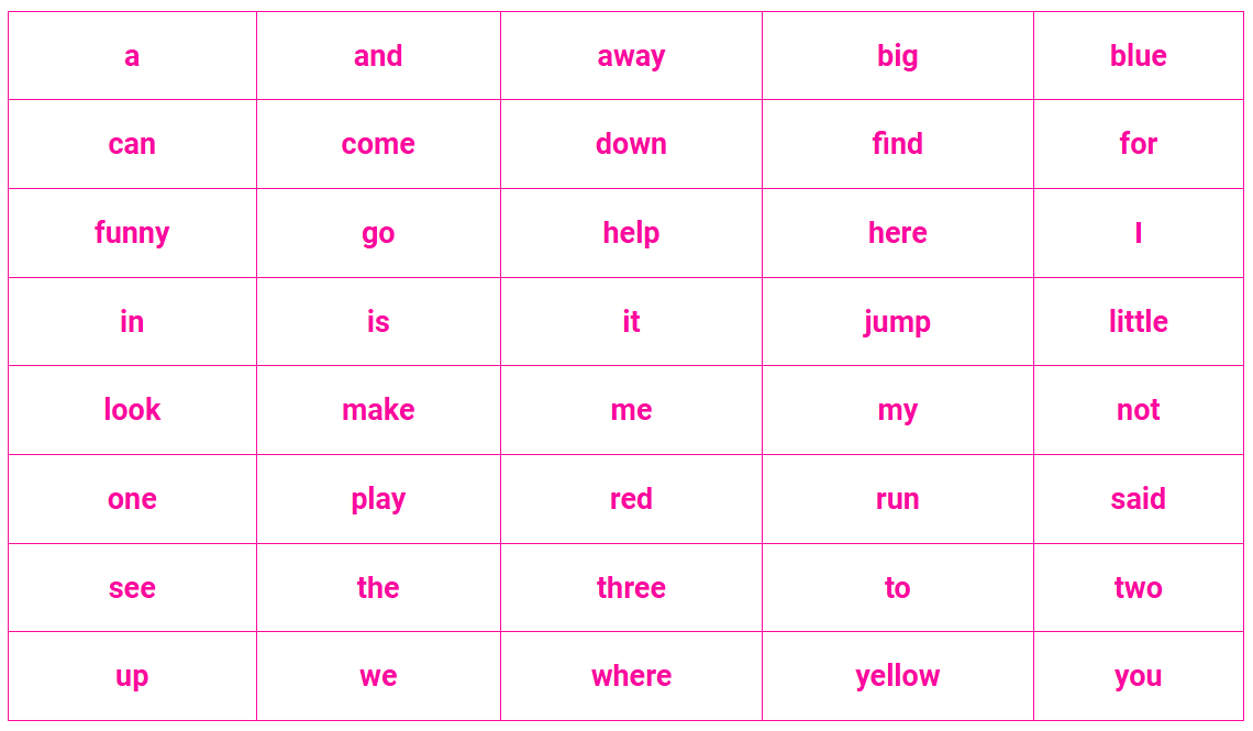 Pre-Kindergarten Dolch Sight Words